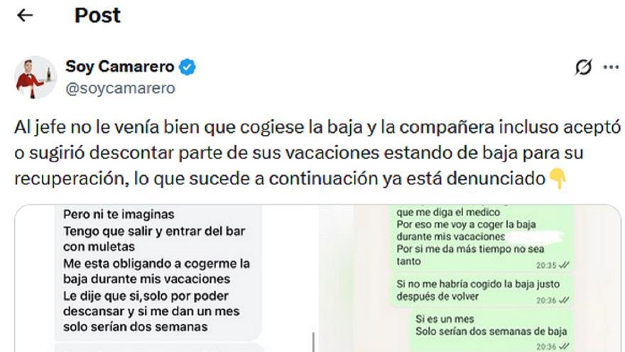 Las inadmisibles amenazas de un jefe a su camarera por cogerse la baja