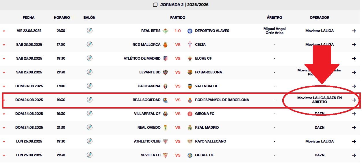Programa de horarios y emisiones de la Liga para su segunda jornada.