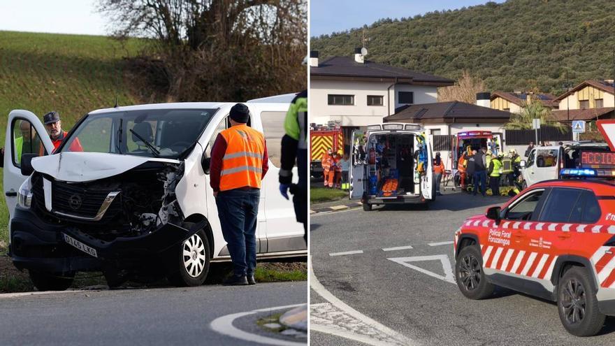 Agentes de Policía Foral, bomberos y asistencias sanitarias, en el lugar del siniestro a la entrada de Berriosuso.