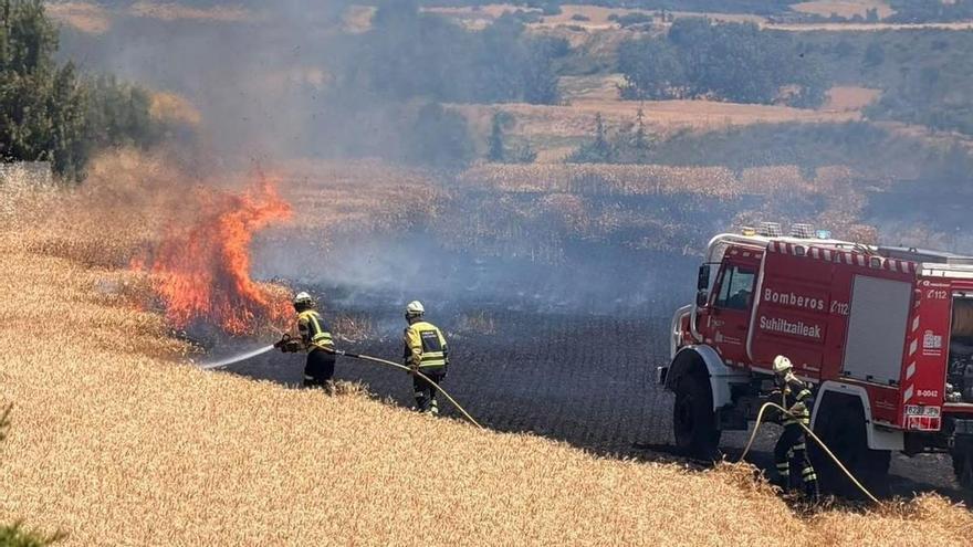 Un vehículo arde en la AP-15 y provoca un incendio en un campo de cereal a la altura de Obanos