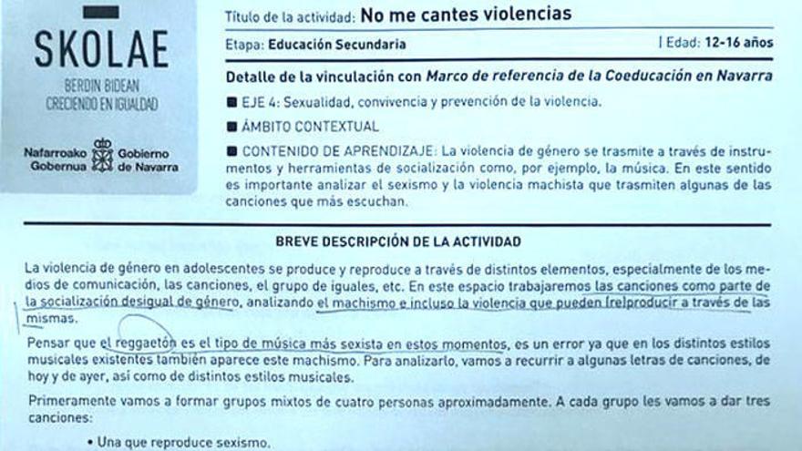 Ficha de Skolae que se ha difundido por redes sociales que utiliza listados de canciones publicados tanto por el Gobierno de Canarias, como por el Ayuntamiento de Valencia o el INJUVE.