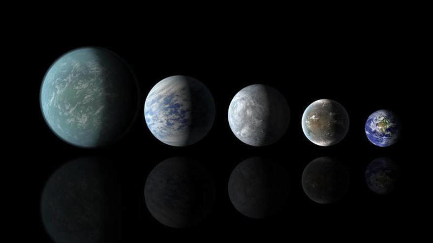 Recreación (de izq. a dcha.)  cuatro planetas del sistema Kepler (22b, 69c, 62e y 62f) y el planeta Tierra.