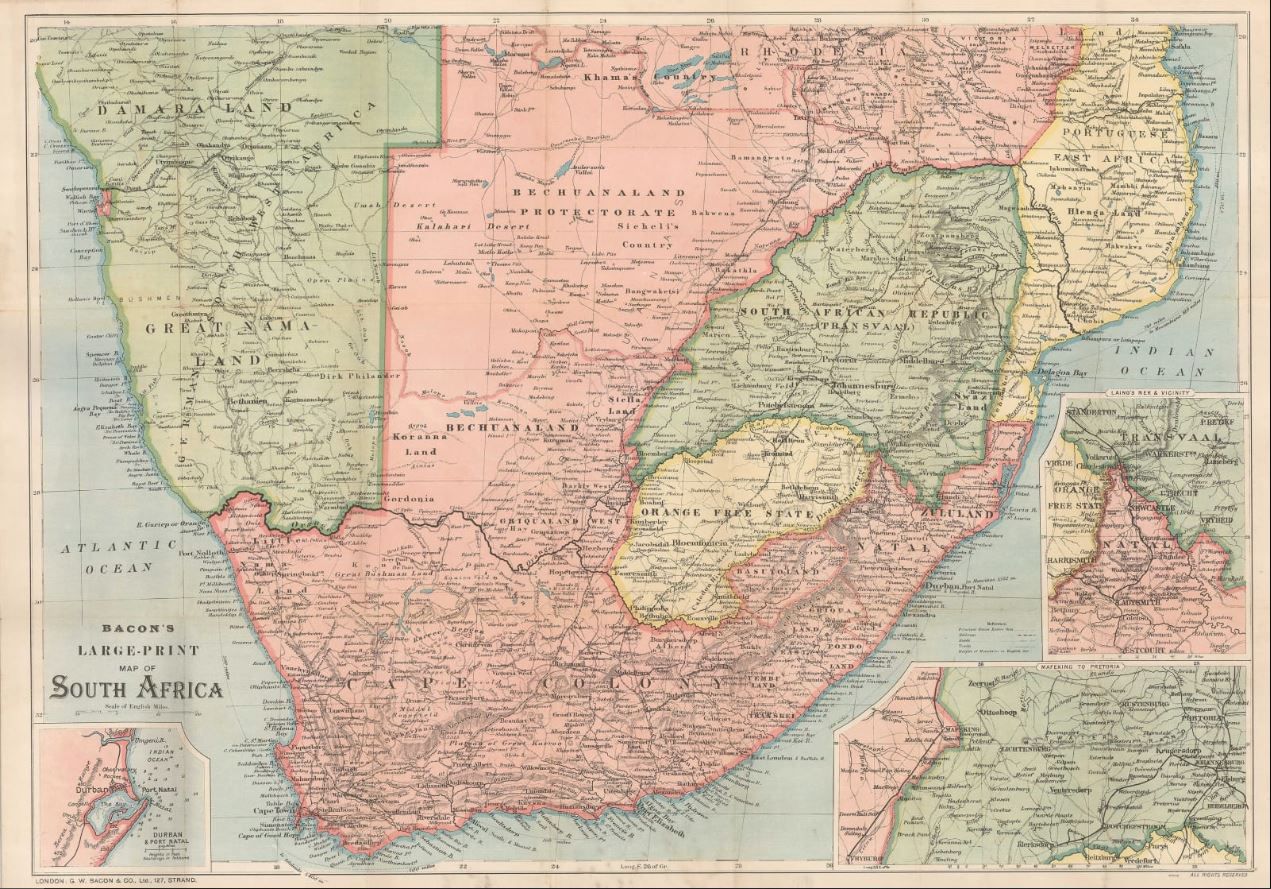 Mapa de sur de África elaborado por George W. Bacon, 1890.