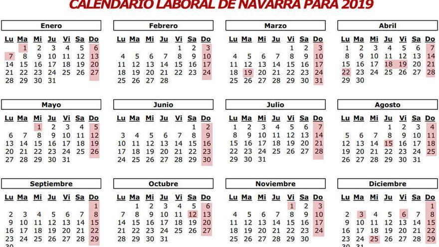 Calendario oficial de fiestas laborables para el año 2019 en Navarra.