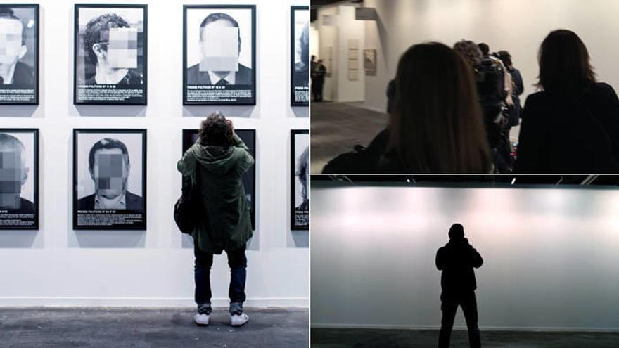 La obra &quot;Presos Políticos&quot;, de Santiago Sierra, en la edición 2018 de ARCO. A la izquierda, el martes, y a la derecha, tras la retirada de las imágenes.