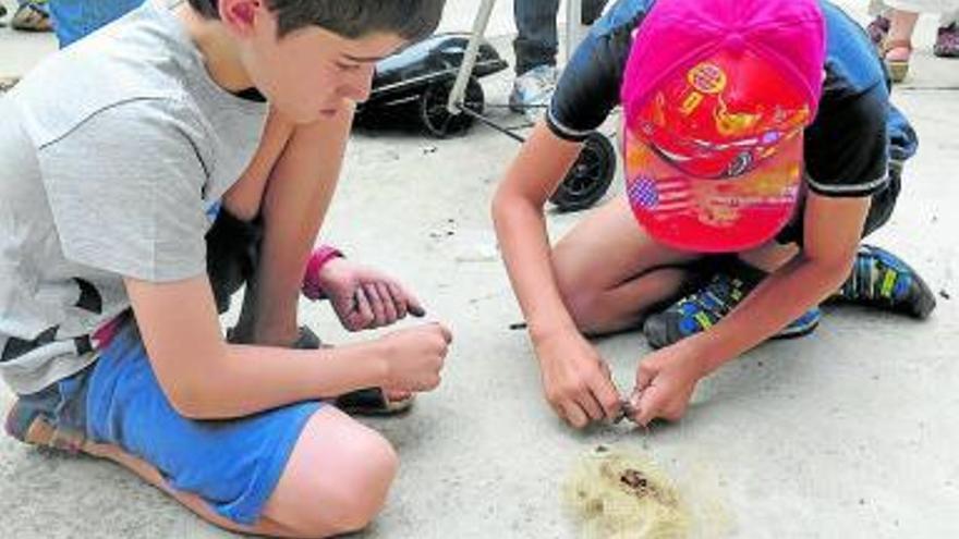 Dos participantes, intentando hacer fuego.