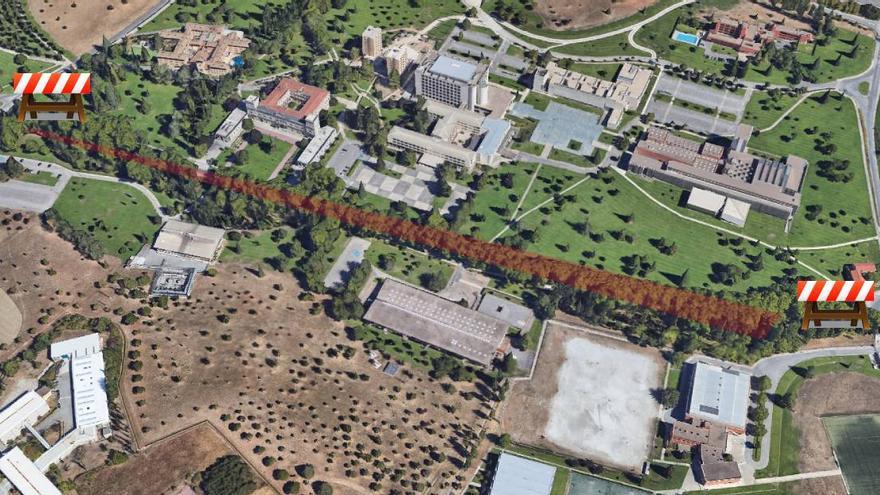 Vista aérea del tramo que se cerrará en la Universidad de Navarra, entre las rotondas de la calle Esquíroz y la prolongación de Fuente del Hierro.
