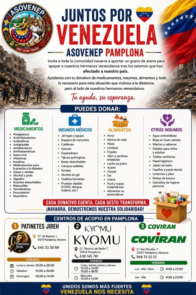 Cartel de ayuda para la asociación de venezolanos de Pamplona.