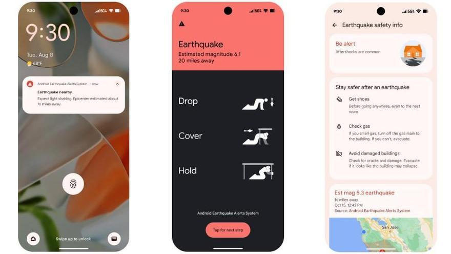 Notificaciones de Android Earthquake Alert. De izquierda a derecha, BeAware, TakeAction e información de seguridad.