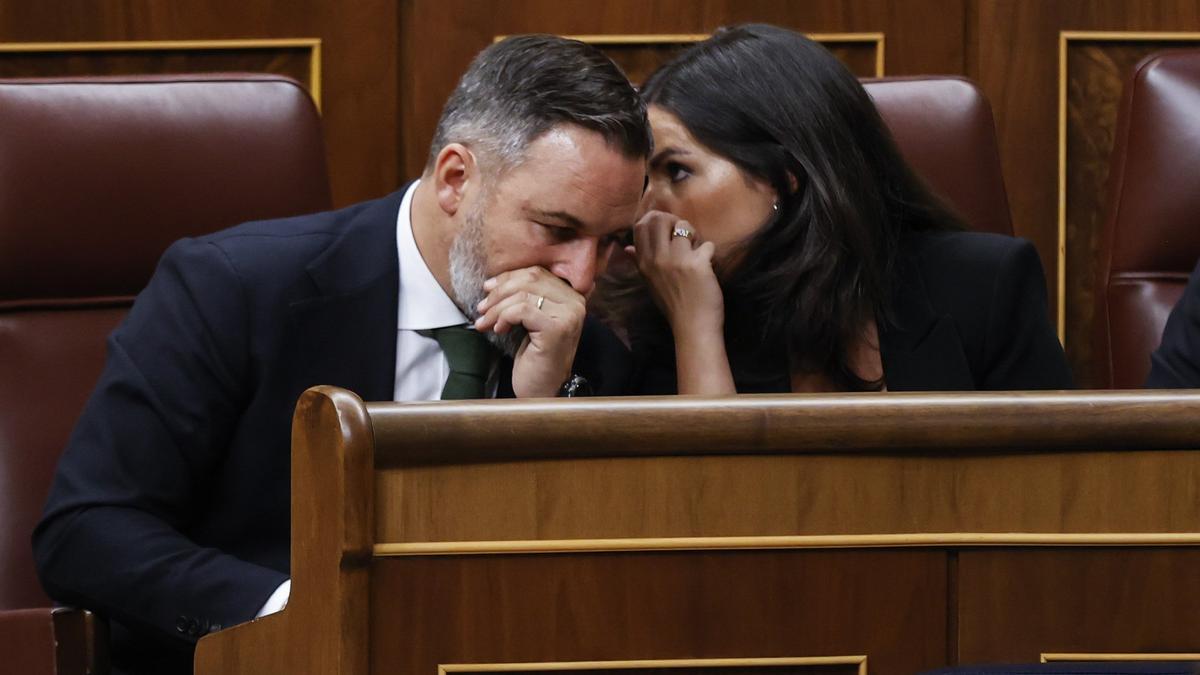 El líder de Vox, Santiago Abascal (i), conversa con la portavoz de la formación Pepa Millán.