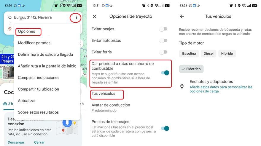 Así se activa el filtro eco: pinchar en los tres puntos verticales, seleccionar &#039;Opciones&#039;, activar &#039;Dar prioridad a rutas con ahorro de combustible&#039;, seleccionar &#039;Tus vehículos&#039; y elegir la motorización..