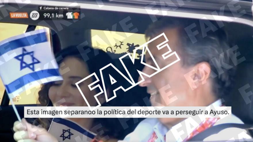 Imagen &#039;fake&#039; de Ayuso y el director de la Vuelta, Javier Guillén, con banderas de Israel.