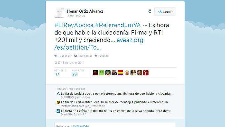 La tía de Letizia, Henar Ortiz, pide un referéndum: &quot;EL Rey abdica #ReferendumYA. Es hora de que hable la ciudadanía&quot;.
