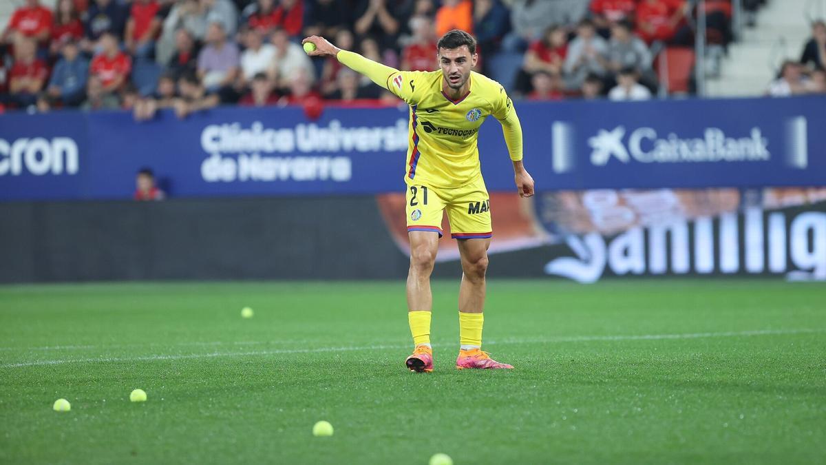Juan Iglesias retira una pelota del césped de El Sadar.