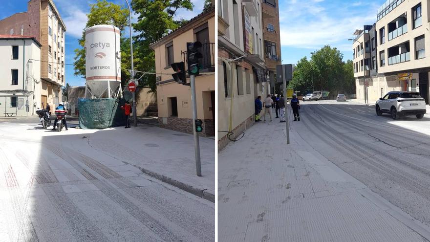 Un mar blanco de yeso obliga a cortar el tráfico en una calle de Tudela