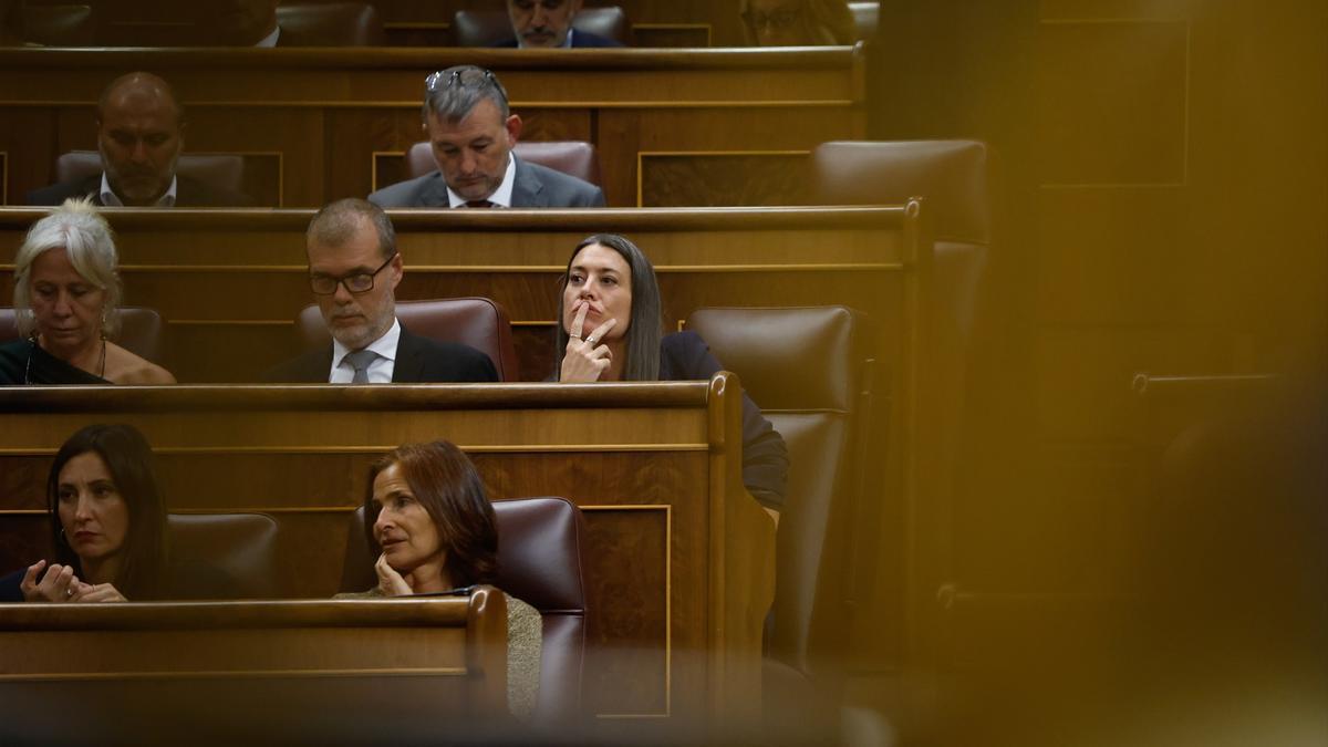En segunda fila, el diputado de Junts Josep Maria Cruset, y la portavoz de Junts en el Congreso, Miriam Nogueras, durante el pleno del Congreso. En segunda fila, el diputado de Junts Josep Maria Cruset, y la portavoz de Junts en el Congreso, Miriam Nogueras, durante el pleno del Congreso.