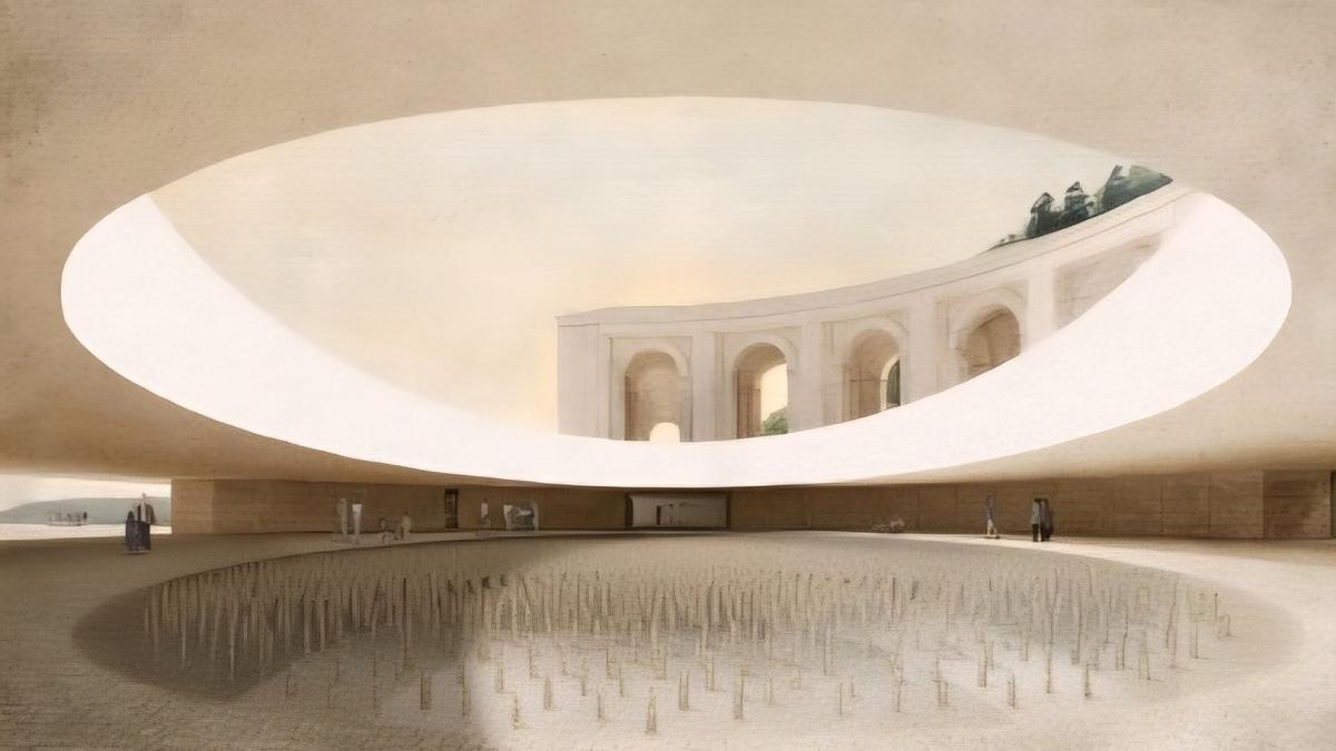 La plataforma da acceso y su sombra proyectada actúa como metáfora de acogida y reflexión, dijo el jurado.