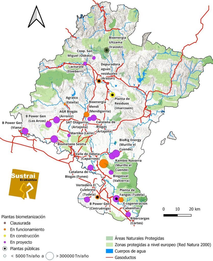 Mapa de las plantas de biometanización proyectadas, elaborado por Fundación Sustrai Erakuntza.
