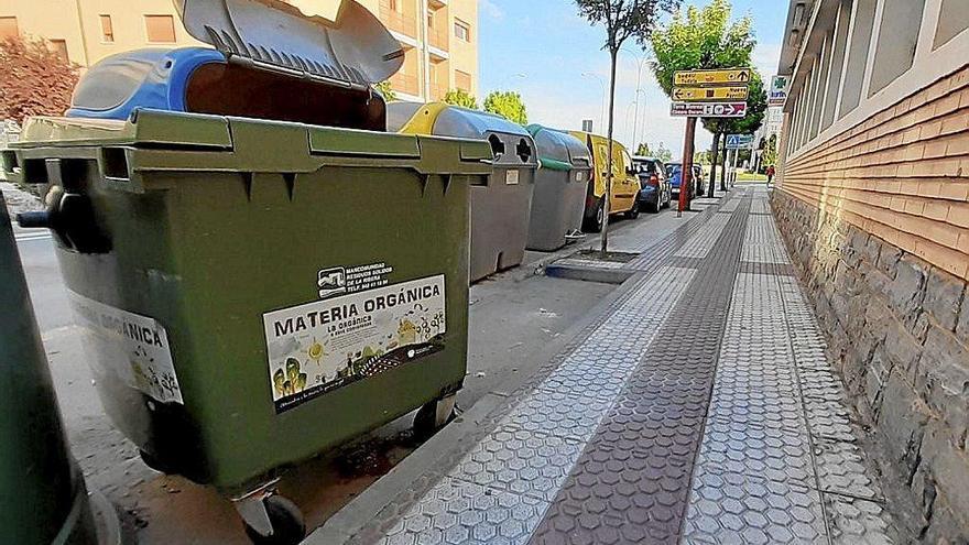 Un contenedor para orgánico de carga lateral en la Avda. Zaragoza de Tudela.