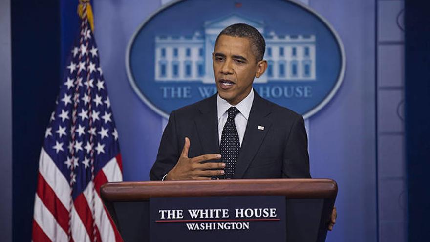 El presidente de Estados Unidos, Barack Obama, durante la rueda de prensa en una aparición por sorpresa en la sala de prensa de la Casa Blanca en Washington, DC, Estados Unidos.
