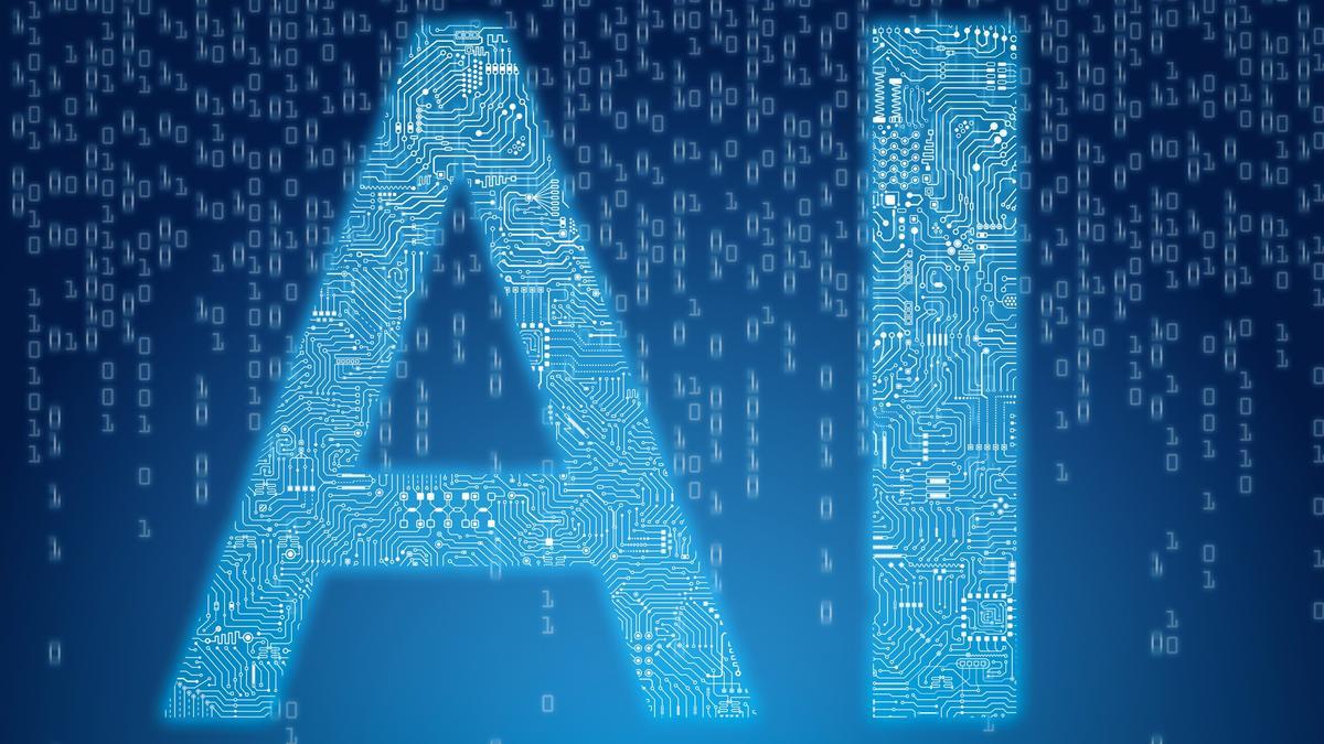 Las iniciales de inteligencia artificial con un patrón de circuito sobre un fondo digital.
