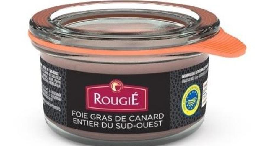 El foie gras de la marca &#039;Rougie&#039; se vende en un tarro de cristal.