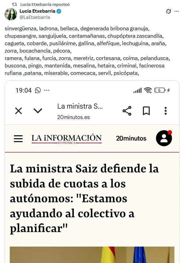 El tuit que publicó y republicó Lucía Etxebarria antes de acabar borrándolo.