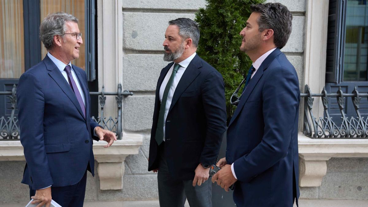 Alberto Núñez Feijóo y Santiago Abascal conversan a la salida del Congreso.