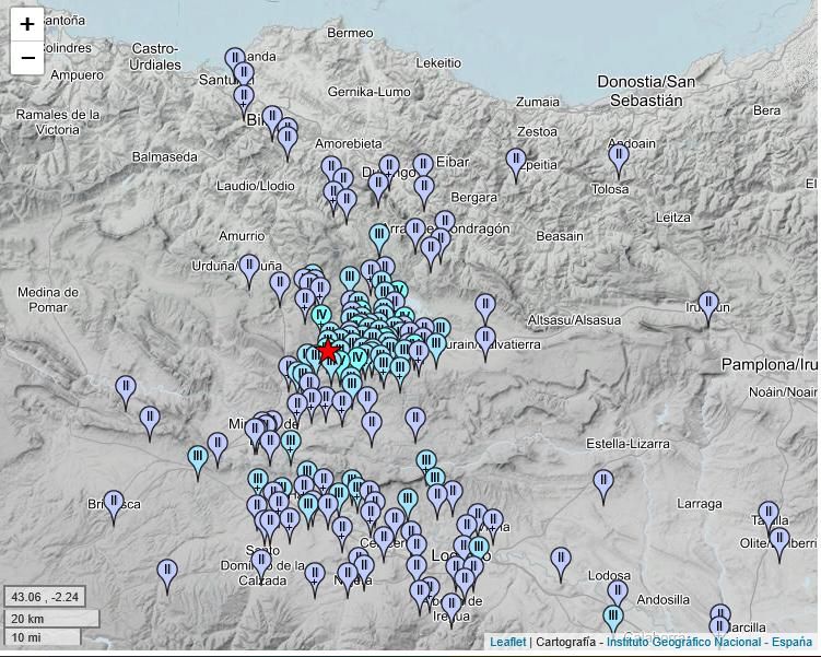 Mapa de intensidades del Instituto Geográfico Nacional del terremoto vivido en Álava anoche.