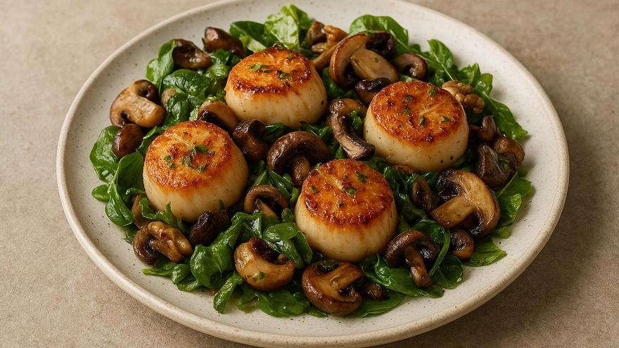 La ensalada templada de vieiras y hongos, una propuesta ligera para ocasiones especiales