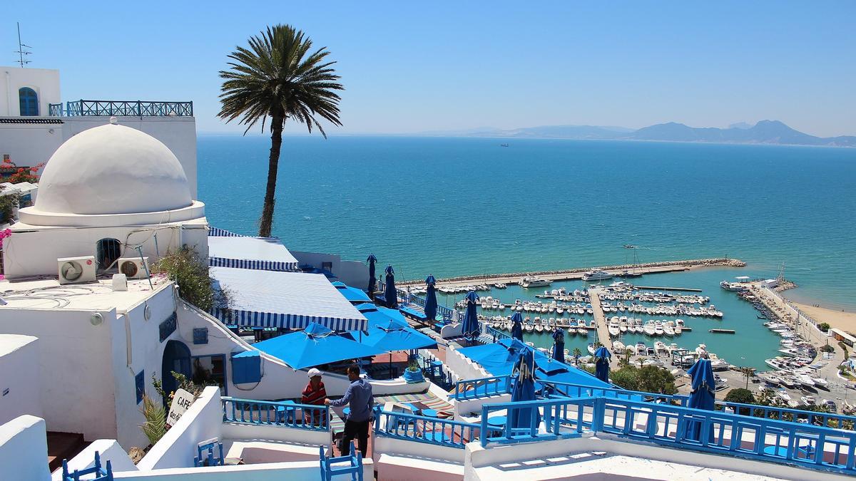 Playa y Puerto Deportivo de Sidi Bou Said con vistas al golfo de Tunez.