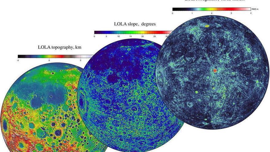Fotografía donde se aprecia un combo de la imagen más completa que se tiene hasta ahora de la Luna gracias a los datos transmitidos por la sonda Lunar Reconnaissance Orbiter (LRO).