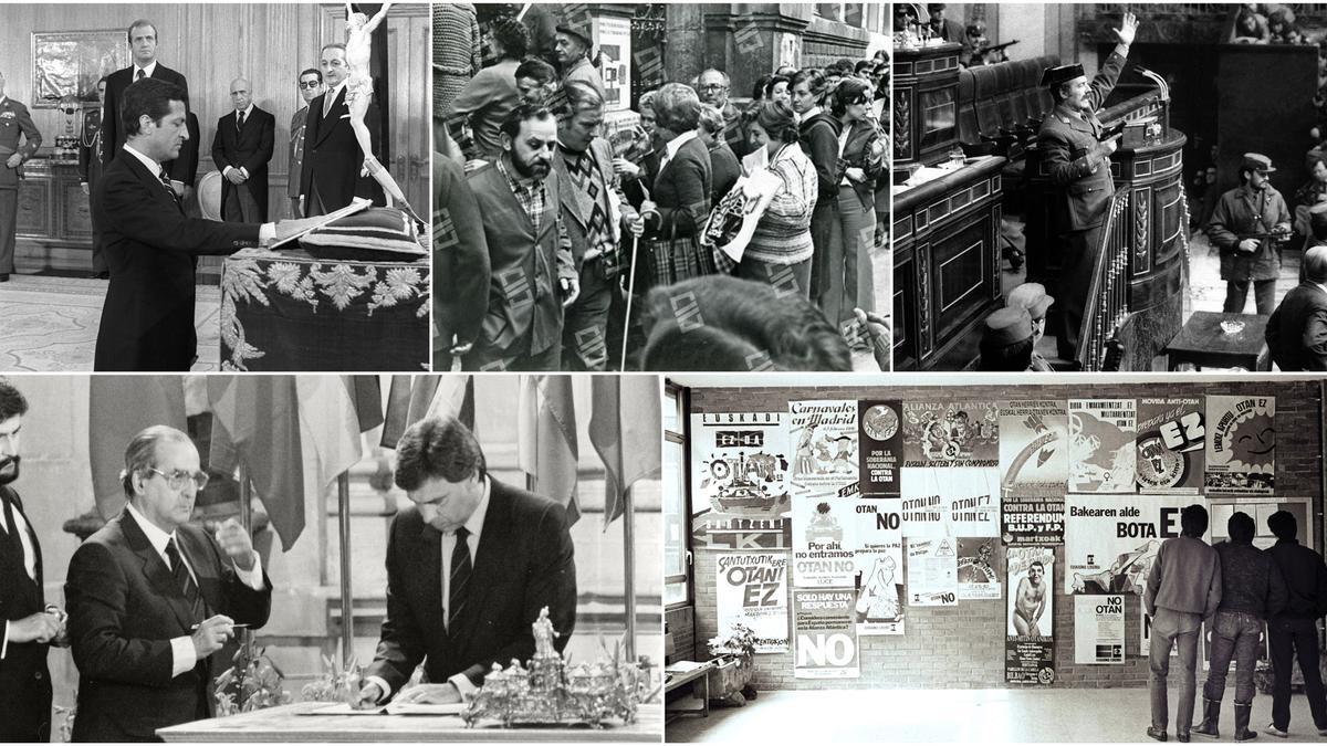 Adolfo Suárez jura como presidente del Gobierno español, gente vota en las primeras elecciones en Euskadi y Tejero en su intento de golpe. Abajo, firma de la entrada en la CEE y referéndum de la OTAN.