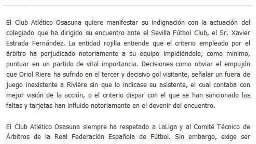 El club presentará una &quot;queja formal&quot; por el arbitraje ante el Sevilla