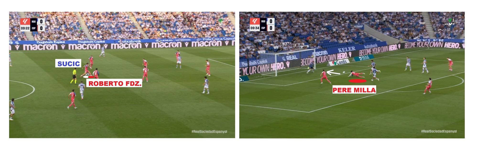 El 0-1 del Espanyol: Roberto Fernández recupera el balón ante Sucic en el minuto 9.23 y Pere Milla marca en el 9.35.